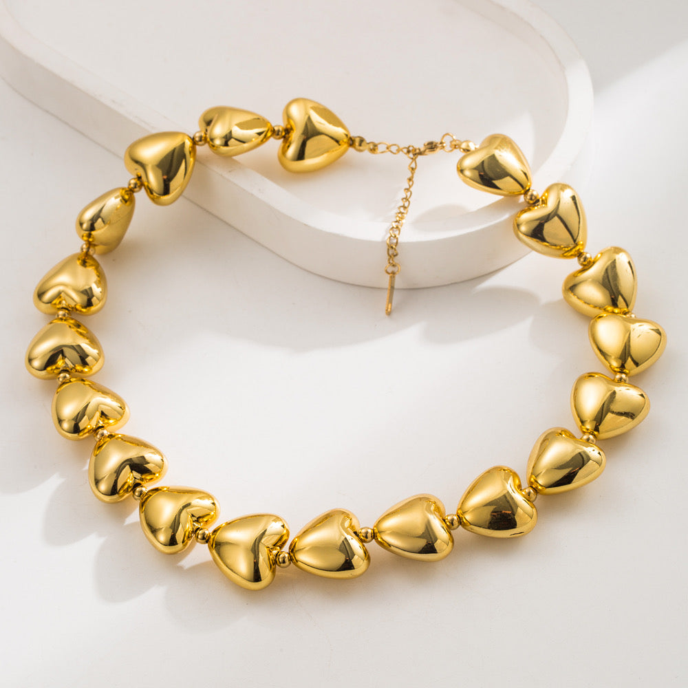 C659 Collar corazones acero de titanio 14k 20cm largo anchura 2cm