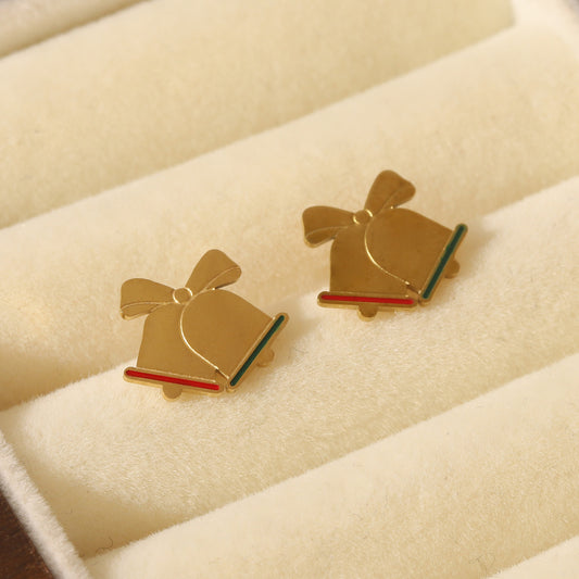E3449 Aretes campana dorada Navidad acero inoxidable chapado en oro de 14k 1cm