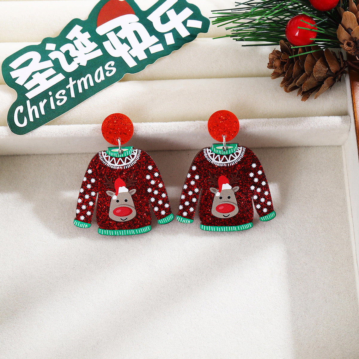 E4090 Aretes suéter navideño reno acrílico 6cm