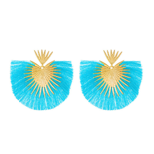 E7098AZ Aretes pico dorado y flecos azules en forma de abanico aleacion 9cm