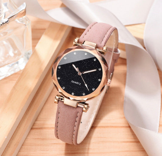 R187 reloj oscuro redondo hebilla cuero sintetico rosa de mujer