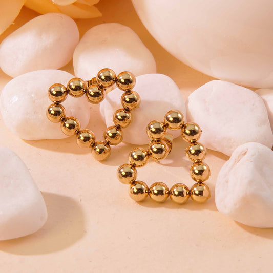 E3213 Aretes corazon esferas doradas acero inoxidable chapado en oro 18k 2cm