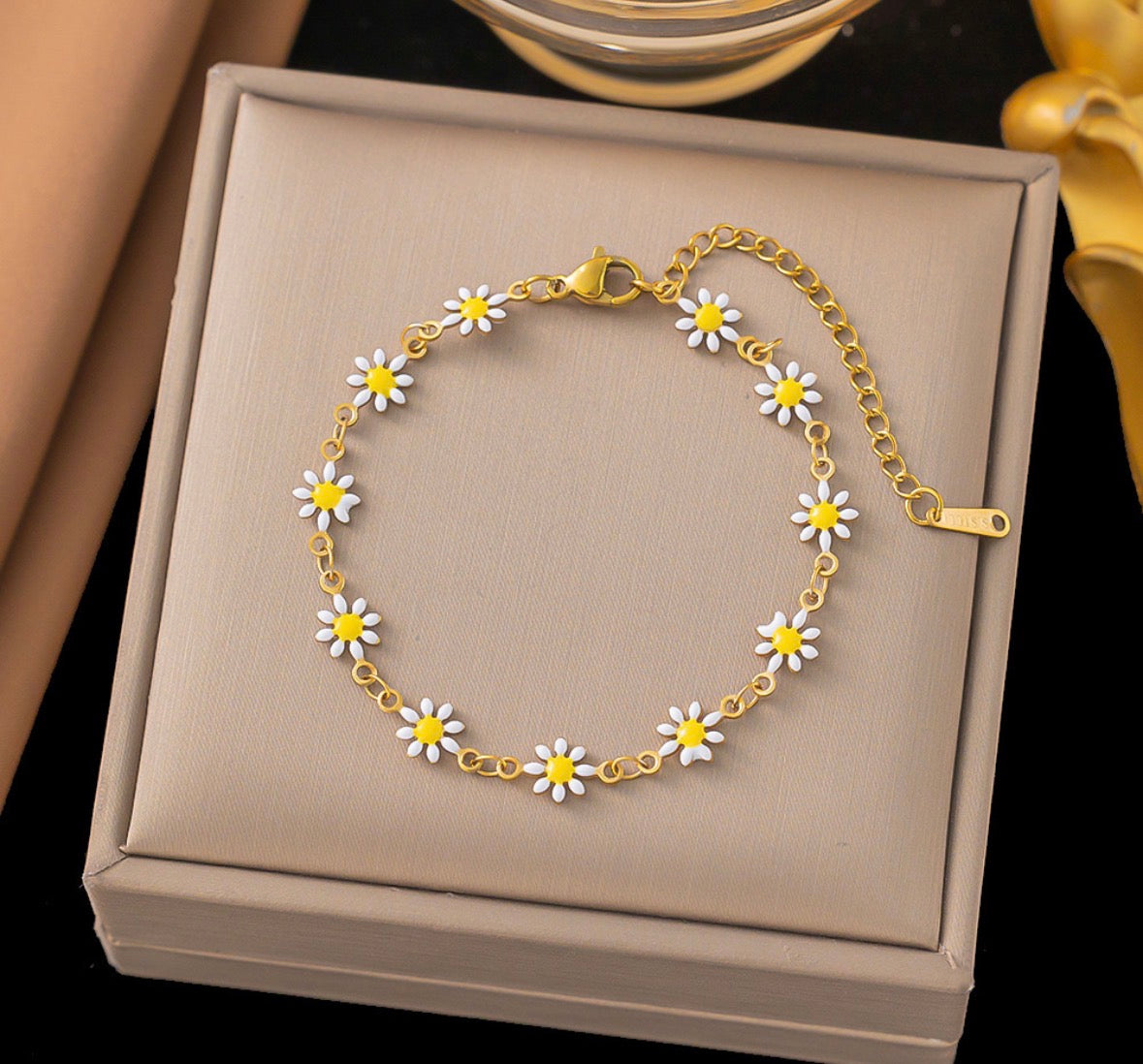 B920 Pulsera flores blancas acero inoxidable 20cm