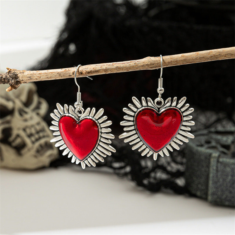 E2051P Aretes corazon rojo plateado aleacion gancho