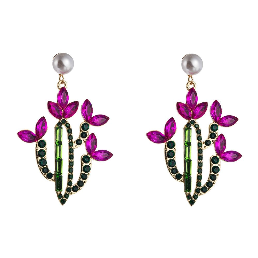 E7319 Aretes cactus cristal perla aleacion elegante 6.5cm