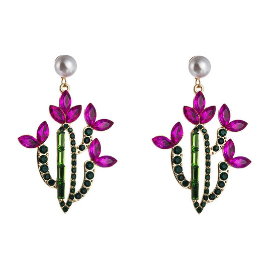 E7319 Aretes cactus cristal perla aleacion elegante 6.5cm