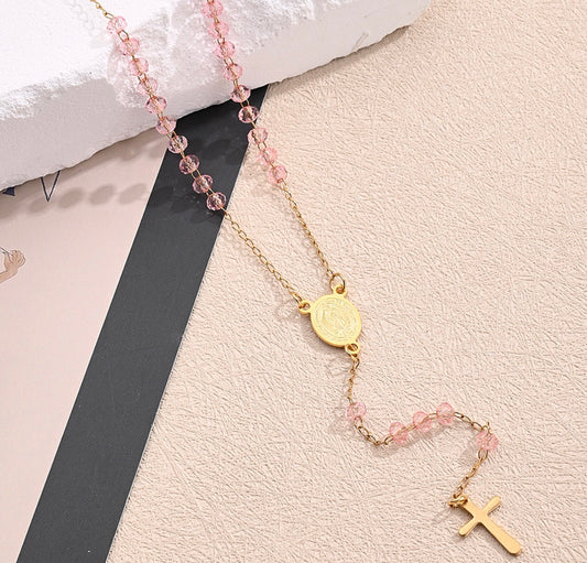 C1250 collar Rosario dorado cristales rosas acero inoxidable