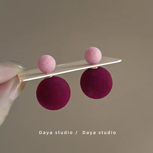 E4995 Aretes circulares terciopelo guinda y rosa aleacion 3cm