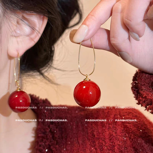 E5924 Aretes bola roja colgante dorado aleacion 6cm