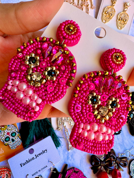 E98 Aretes Rosas Artesanales Calavera Día De Muertos Halloween