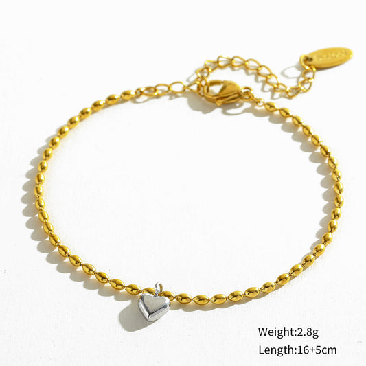 B845 Pulsera dorada dije corazón plateado acero inoxidable 20cm largo .5dije