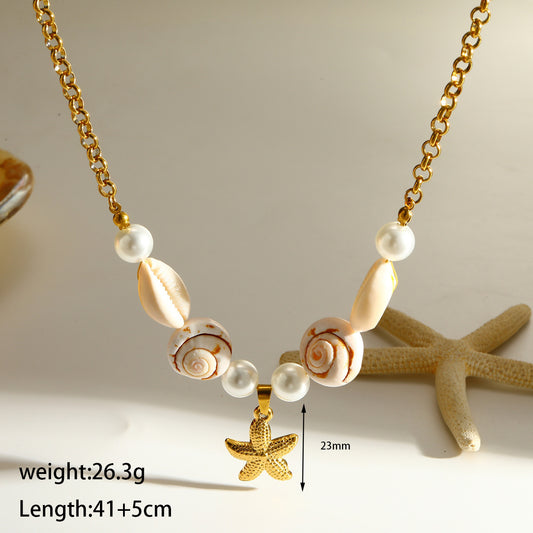 C1521 Collar estrella de Mar dorado eslabones cubanos acero inoxidable chapado en oro de 18k 25cm