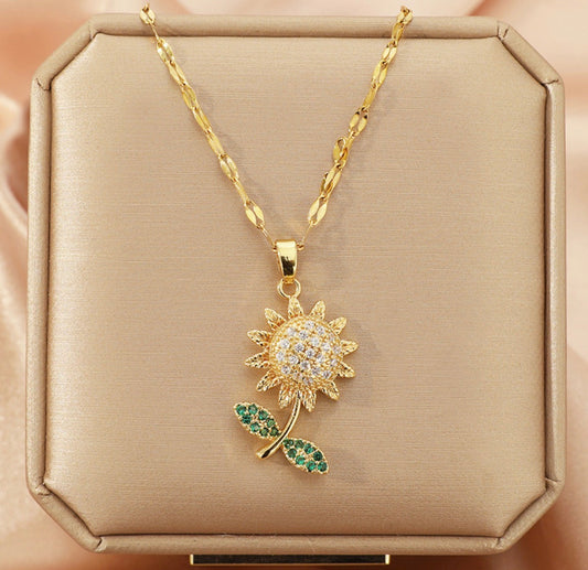 C1504 Collar girasol brillante dorado acero titanio 20cm dije 2cm