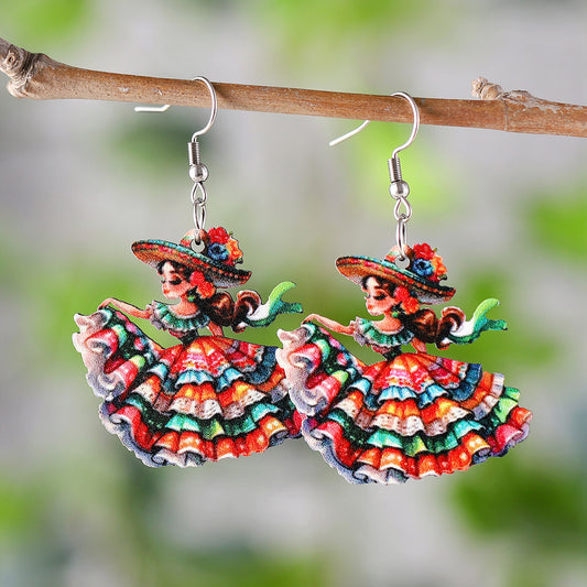 E3742 Aretes mujer bailando madera 5.5cm