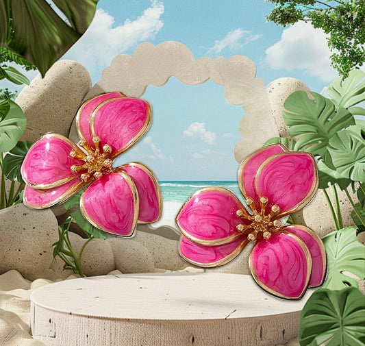 E5263 Aretes flor rosa fucsia hierro 4cm