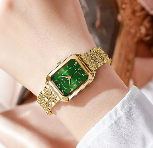 R184 reloj dorado verde casual hebilla de cuarzo de mujer