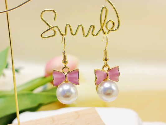 E4346 aretes perla moño rosa aleacion 2cm