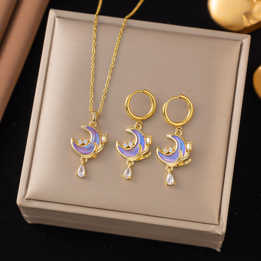 C727 Ser aretes y collar luna acero inoxidable 21cm largo 2cm dije