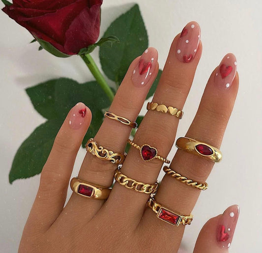 A209 Conjunto de anillos cristales rojos corazón aleacion