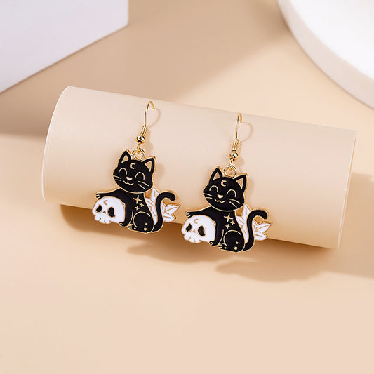 E3791 Aretes gato negro cráneo 4cm aleacion