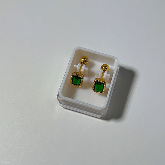 E3516 Aretes cuadro verde acero inoxidable chapado en oro de 18k 1cm