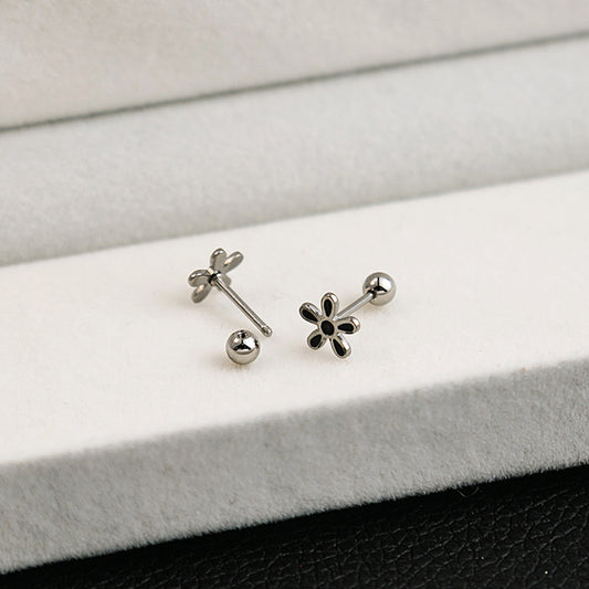 E3551 Aretes flor negra acero inoxidable 1cm