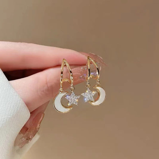 E3206 Aretes estrella luna brillantes fiesta aleacion 2.5cm
