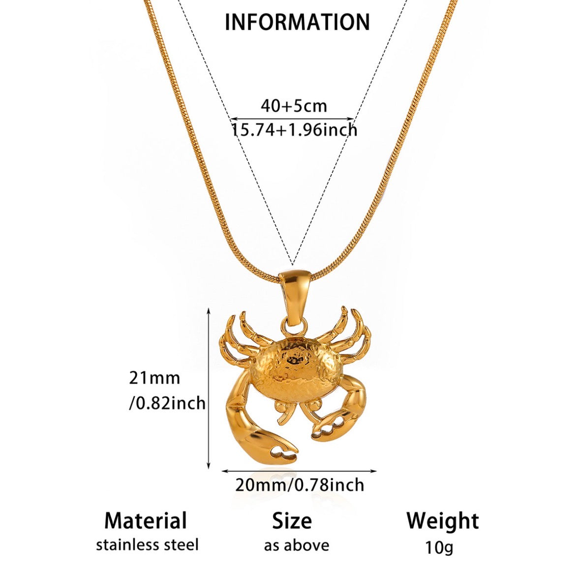 C1257 Collar dorado cangrejo acero inoxidable chapado en oro de 18k