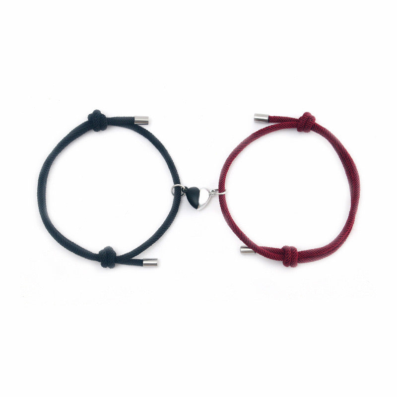 B349NG Pulseras ajustables duo corazon pareja negro y guinda
