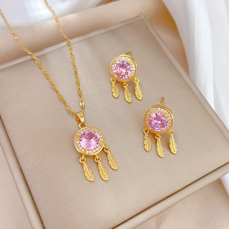 C843 conjunto de collar aretes cristal rosa 22cm largo 3cm dije 3cm aretes
