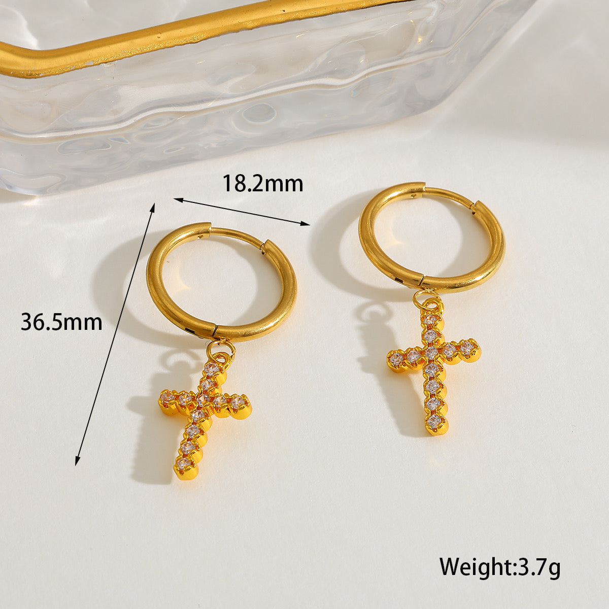 E4502 Aretes aro cruz acero inoxidable acero inoxidable chapado en oro de 18k