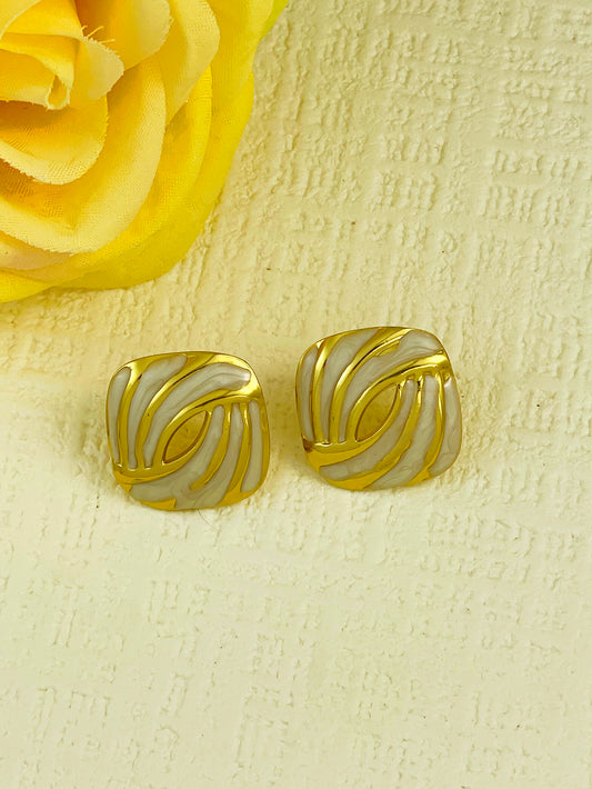 E7197 Aretes cuadro dorados con blanco acero inoxidable 3cm