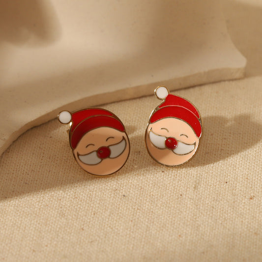 E3535 Aretes Santa Claus Navidad acero inoxidable chapado en oro de 14k 1.5cm