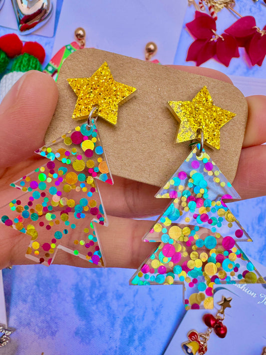 E1916 Aretes arbol Navidad acrilico estrellas colores