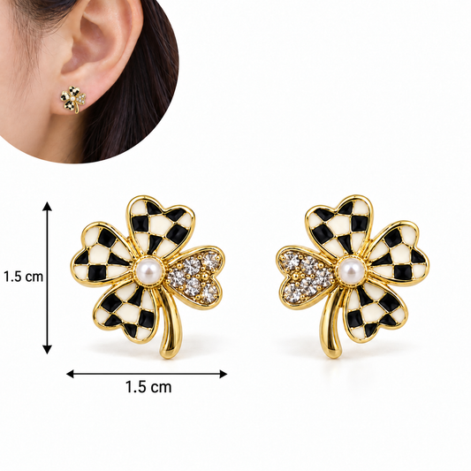 E7035 Aretes trebol brillante negro con blanco  perla 1cm poste de plata