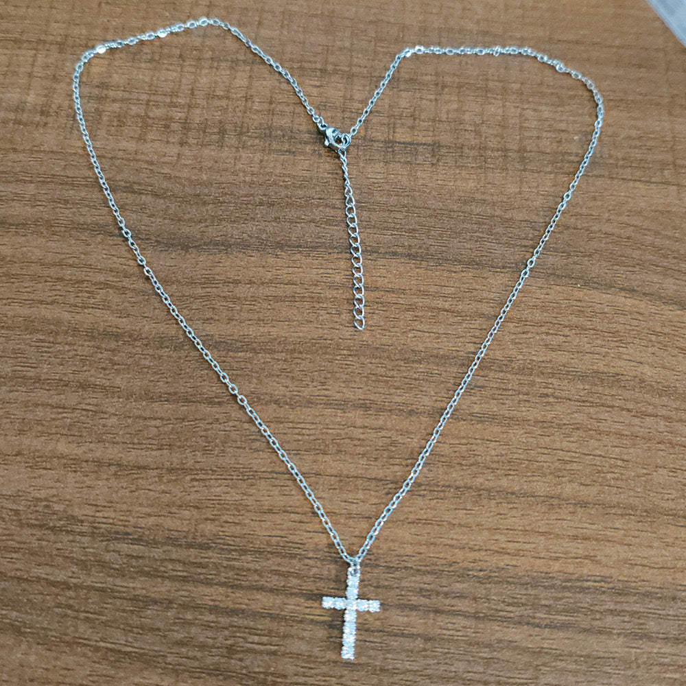 C1589 Collar plateado cruz brillante acero inoxidable 304 23cm largo 1.5cm dije