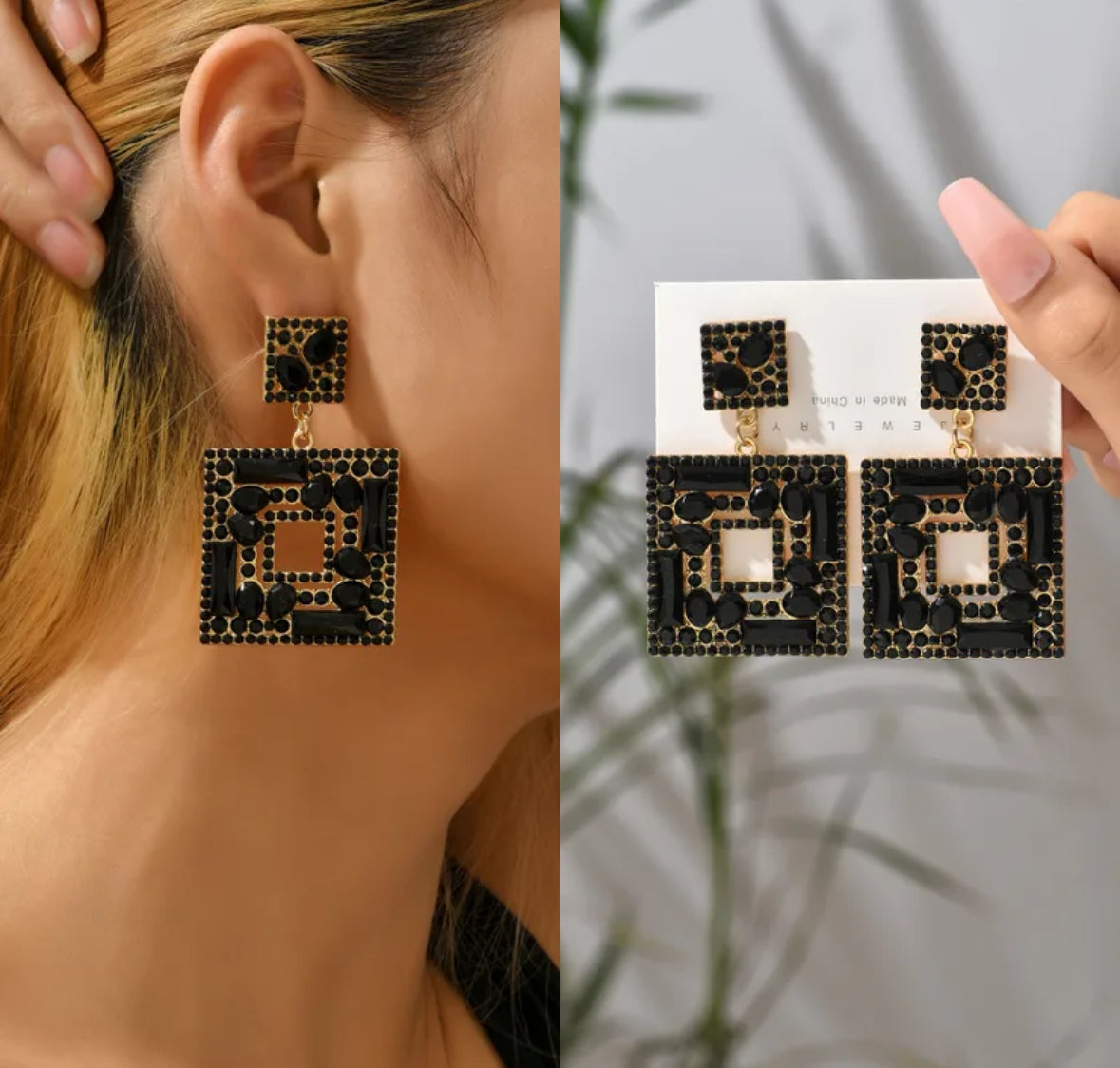 E3166N Aretes cuadro cristal negro aleacion largo 6.5cm