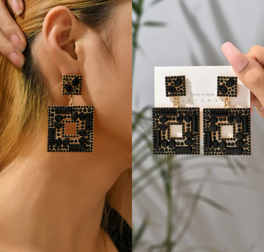 E3166N Aretes cuadro cristal negro aleacion largo 6.5cm