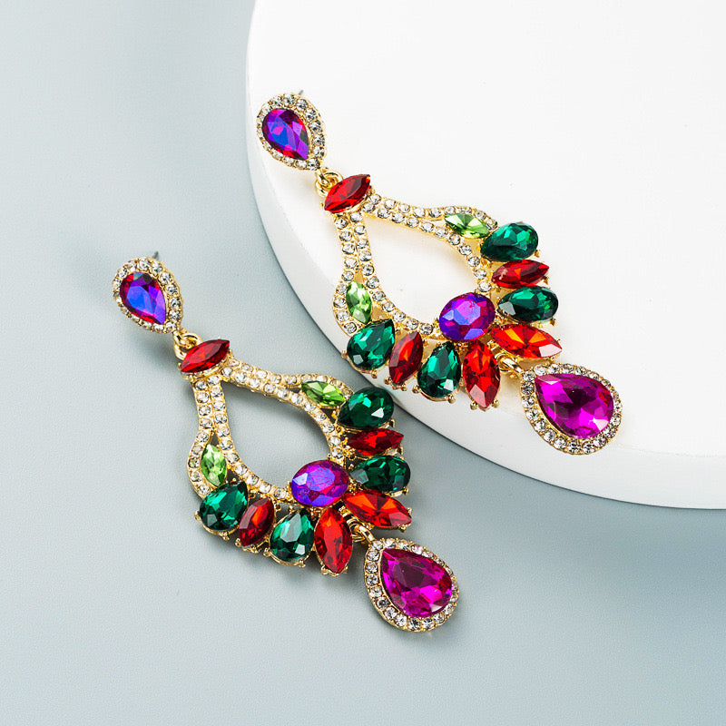 E7362 Aretes cristal elegante de fiesta colorido 8cm
