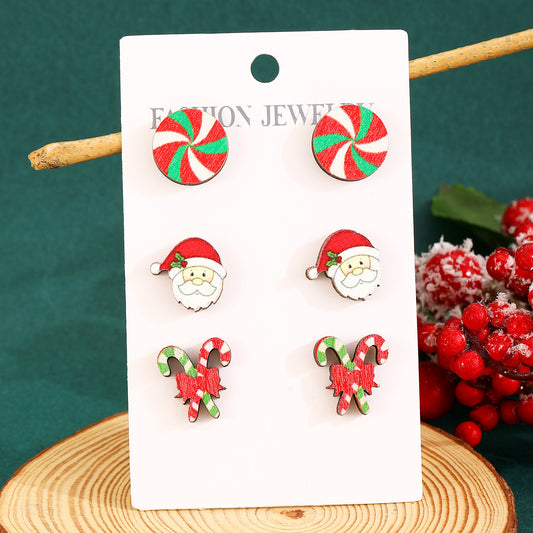 E4097 Conjunto de aretes navideños madera 1cm