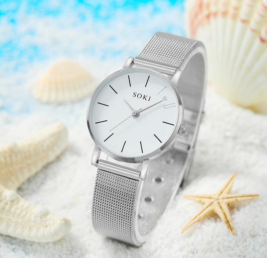 R185 Reloj plateado redondo hebilla de cuarzo