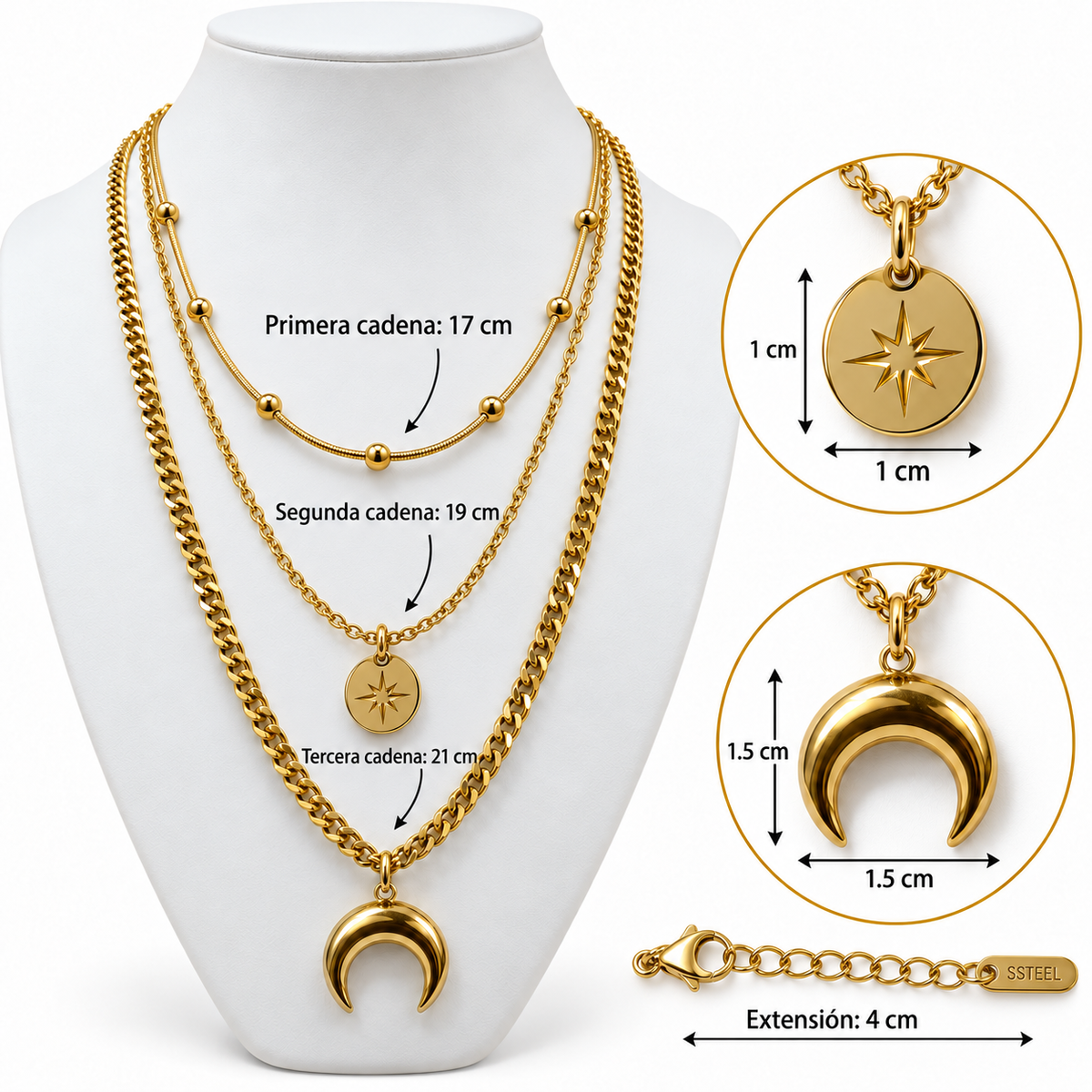 C096 Collar triple cadena de acero inoxidable