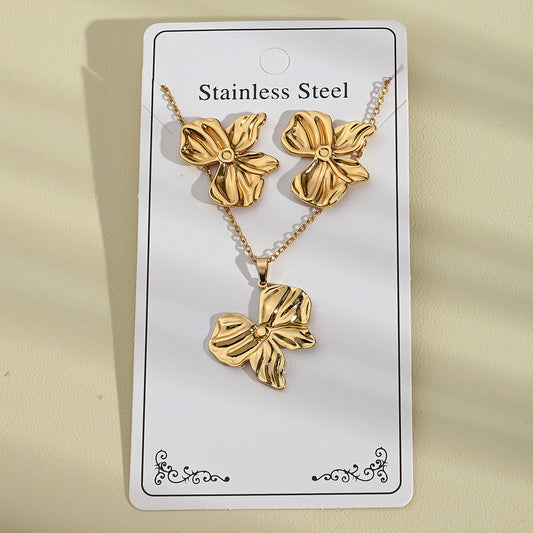 C977 Conjunto de collar y aretes de moño dorado acero inoxidable chapado en oro de 18k 22cm,3cm dije y aretes