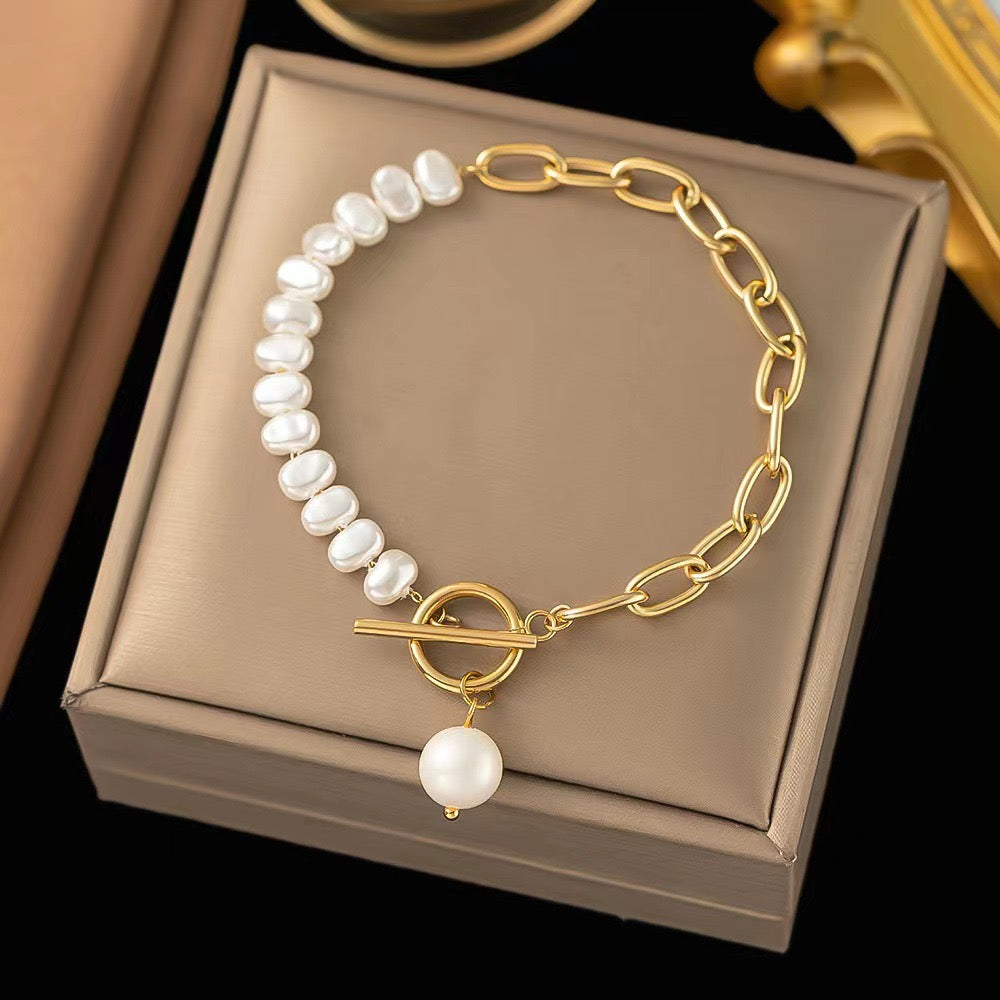 B113 Pulsera perlas acero de titanio largo 17cm