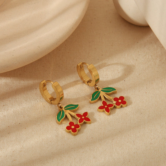 E3636 Aretes flores rojas colgante acero inoxidable chapado en oro de 18k 3cm