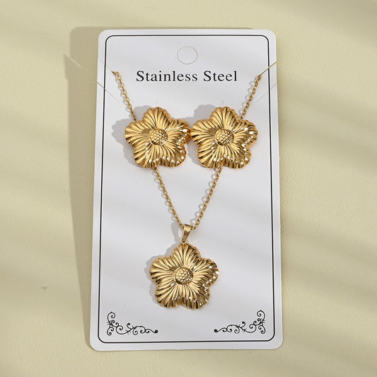 C986 Conjunto de collar y aretes flor dorada acero inoxidable chapado en oro de 18k 22cm,4cm dije y aretes