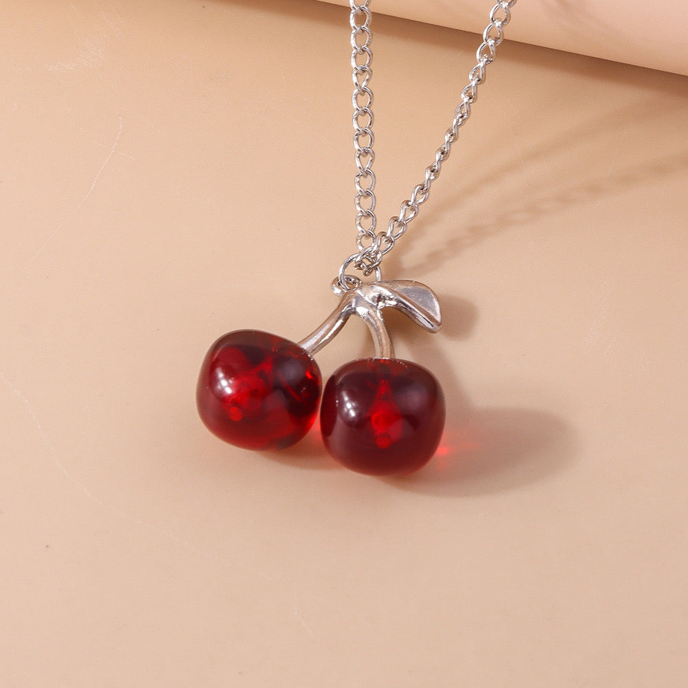 C771 Collar cereza rojo quemado plateado aleacion zirconia 22cm largo 3cm dije