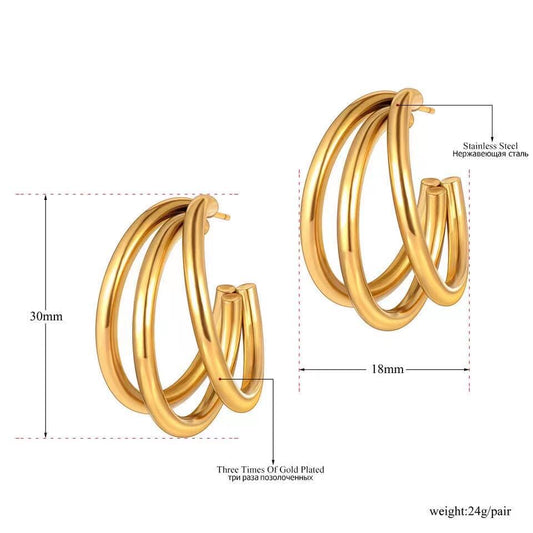 E3555 arracada triple dorada acero inoxidable chapado en oro de 18k 2.5cm