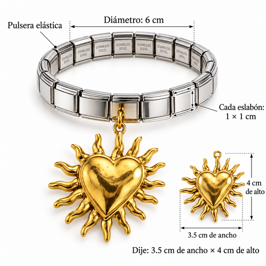 B112 Pulsera italiana con dije de sol acero inoxidable 304 chapado en oro 18k elastica