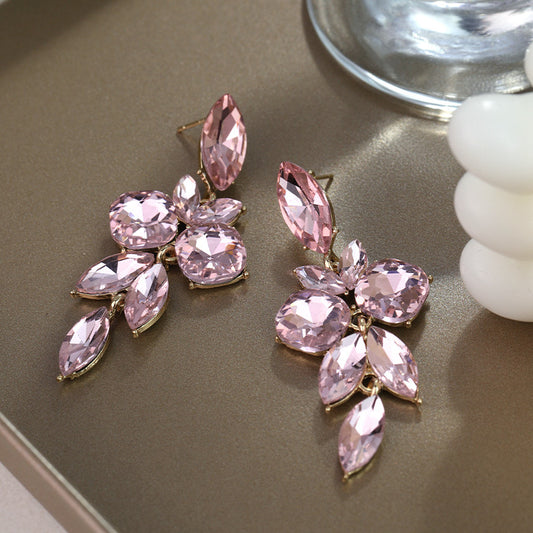 E3165 Aretes flor cristal rosa aleacion largo 6.5cm
